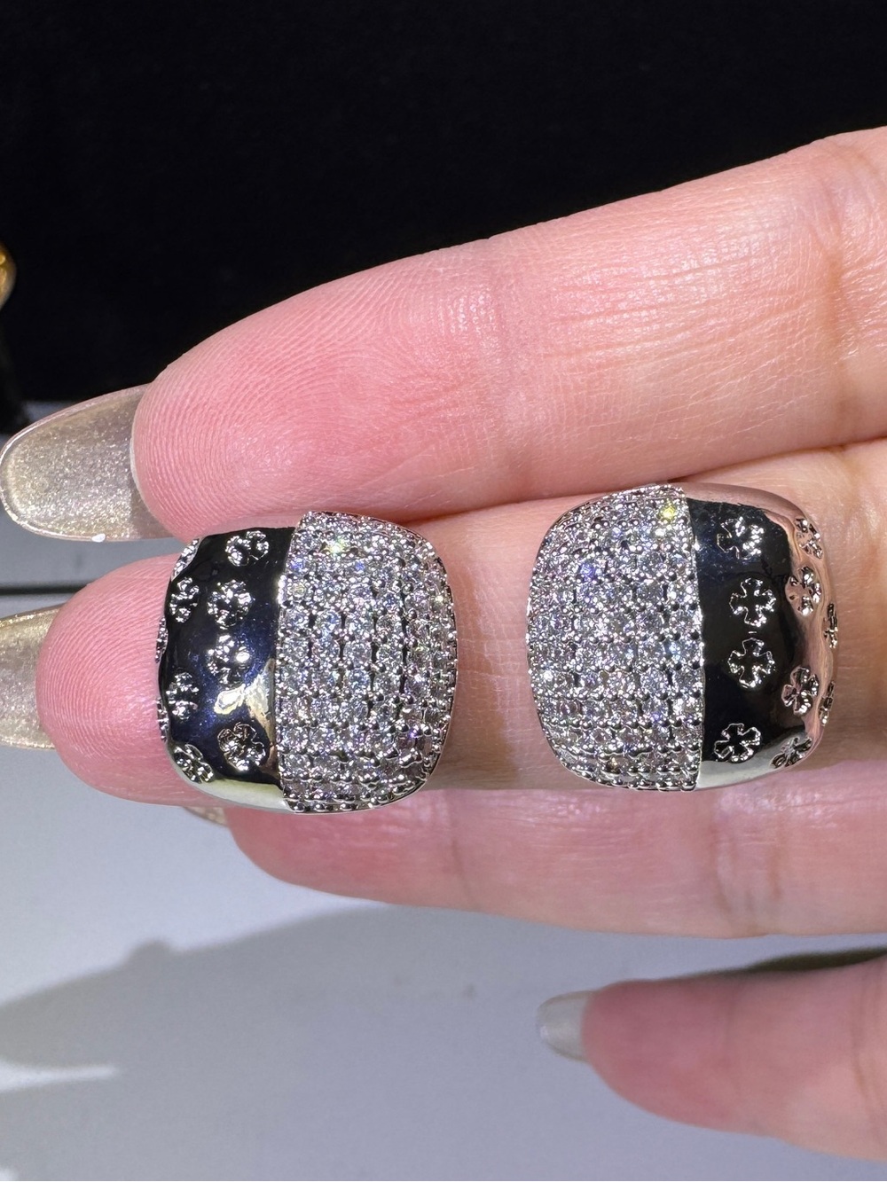 S925 Posts Silver Crystal Black Floral Statement Earrings
